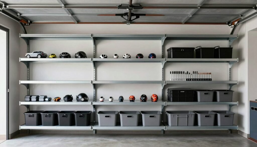 Comprehensive garage organization system combining multiple shelving types and storage solutions Comprehensive garage organization system combining multiple shelving types and storage solutions