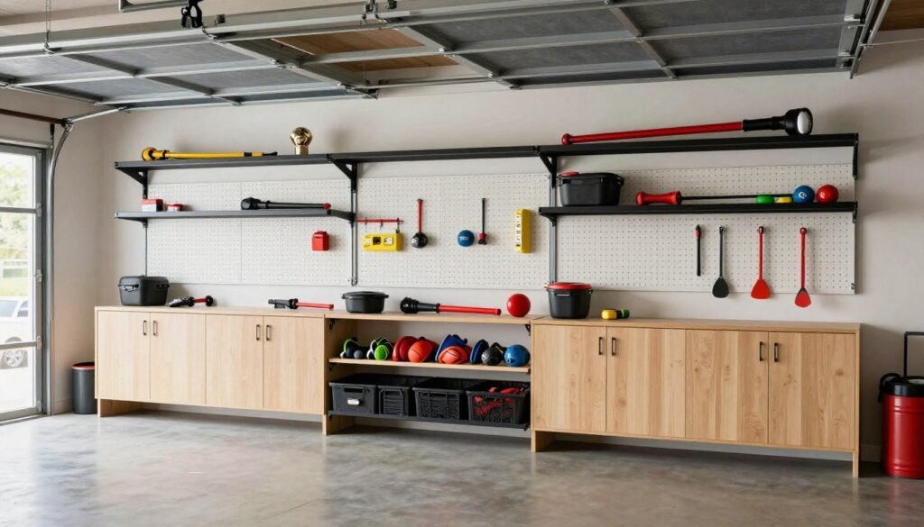 Comprehensive garage organization system with multiple storage types Comprehensive garage organization system with multiple storage types