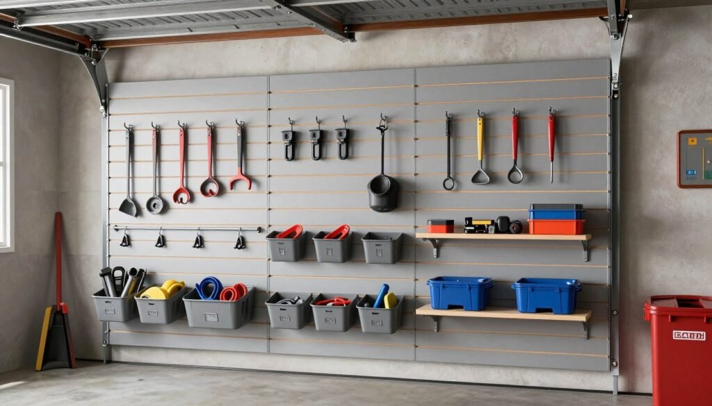 Comprehensive garage wall storage system with various hooks, shelves and cabinets