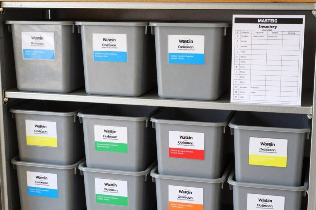 Comprehensive labeling system in a garage with waterproof labels on bins, color-coding, and inventory lists