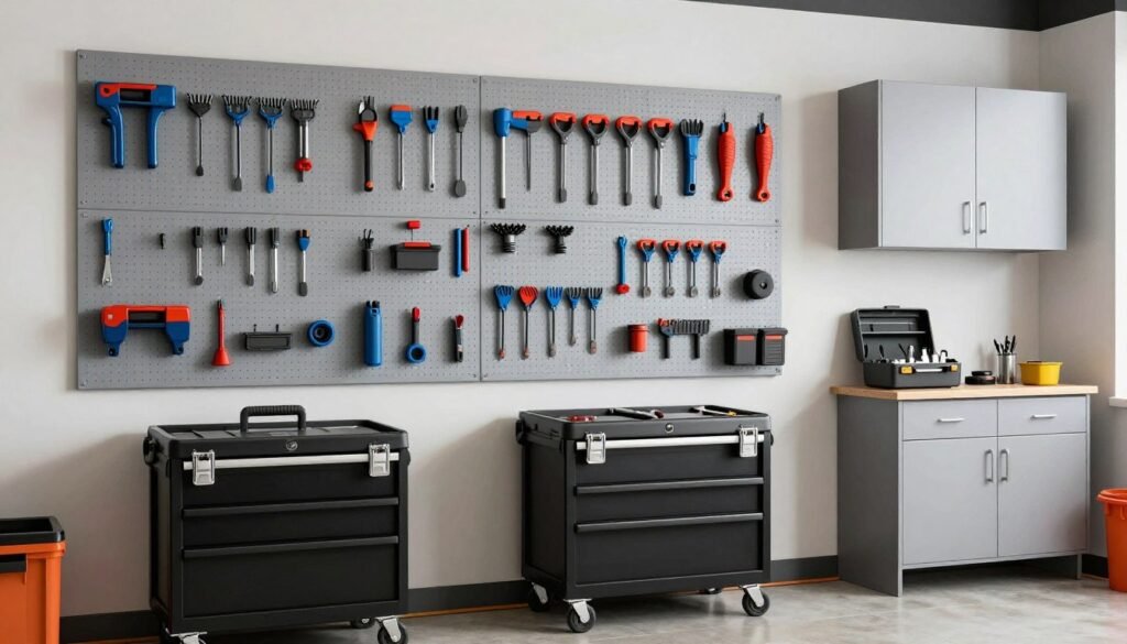 Comprehensive tool organization system in a mechanic garage with pegboard and toolbox