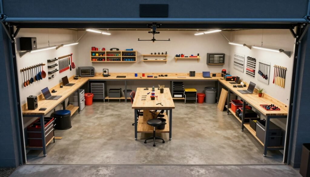 Comprehensive view of a well-designed garage workshop layout with all elements working together harmoniously Comprehensive view of a well-designed garage workshop layout with all elements working together harmoniously