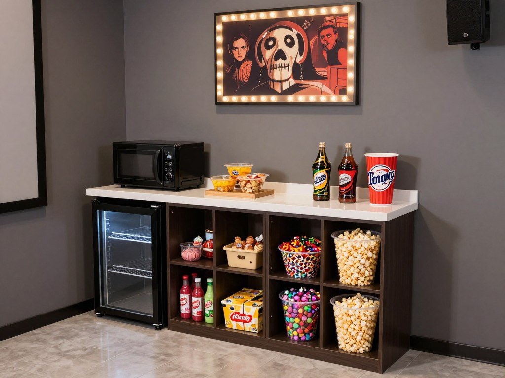 Concession area in a garage converted home theater with mini fridge and snack storage Concession area in a garage converted home theater with mini fridge and snack storage
