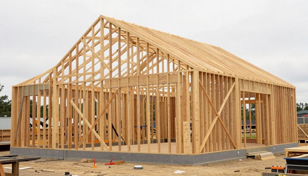Construction process of a barn style garage showing framing and structural elements