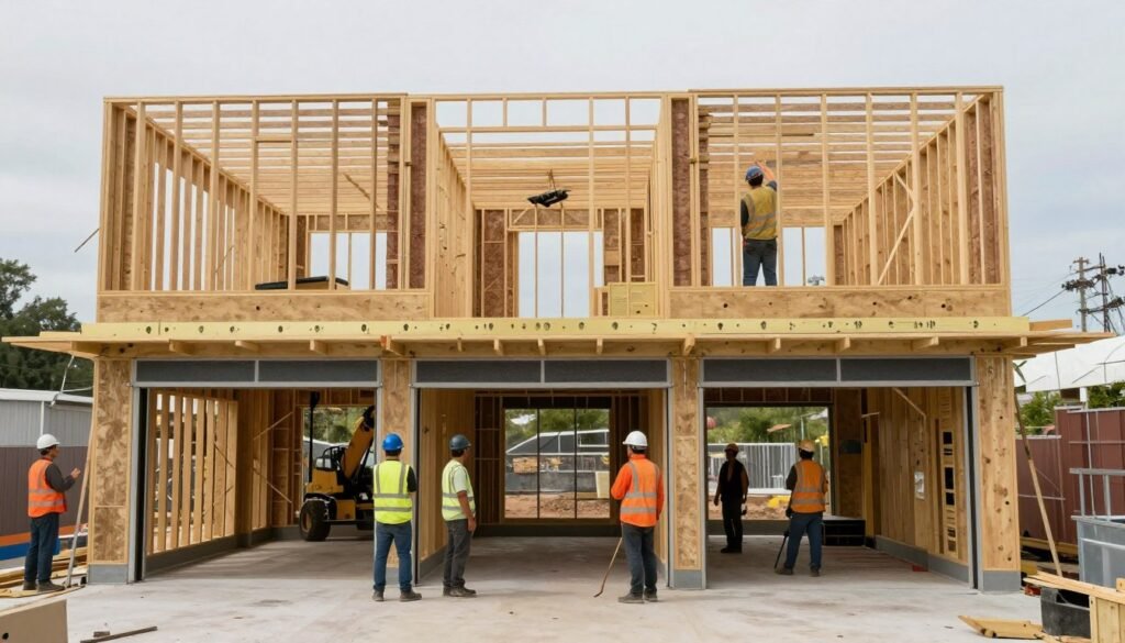 Construction process of garage with living quarters showing professional builders at work