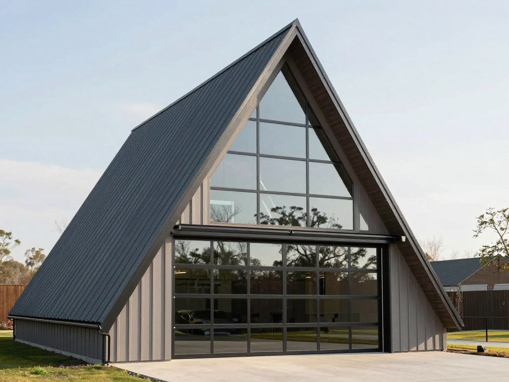 Contemporary A-frame barn garage with steep roof, large glass doors, and modern finishes