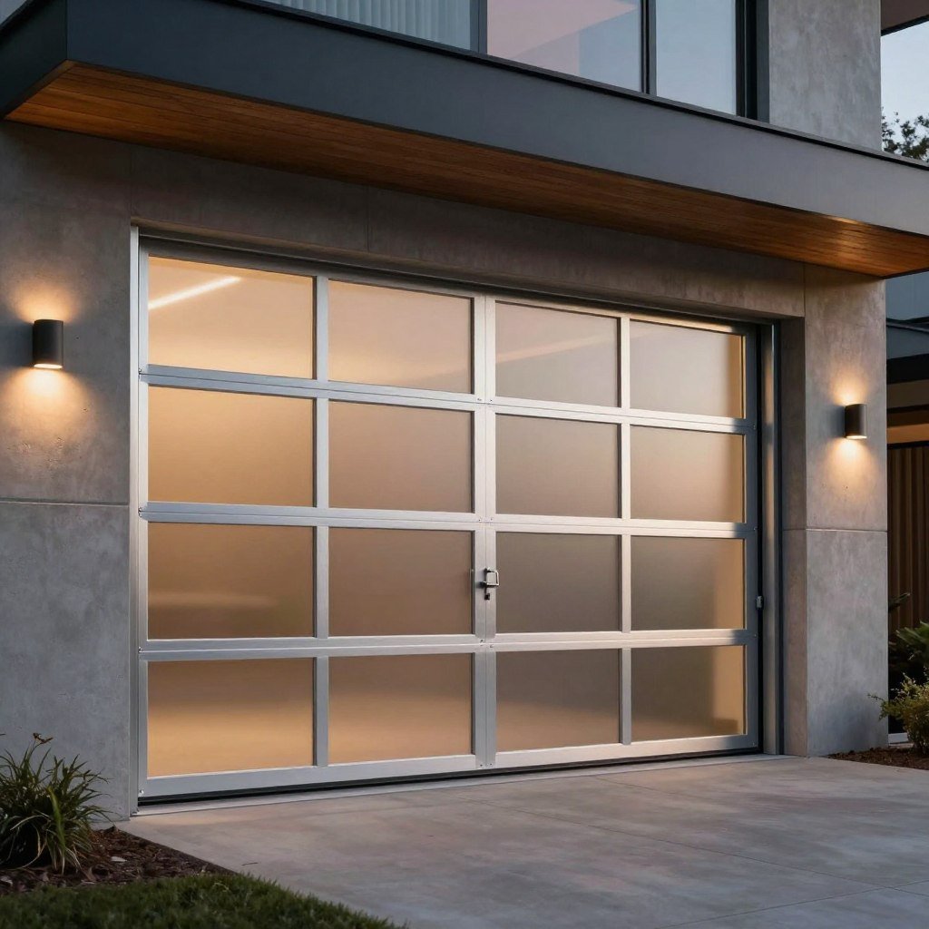Contemporary aluminum frame garage door with frosted glass panels on a modern home