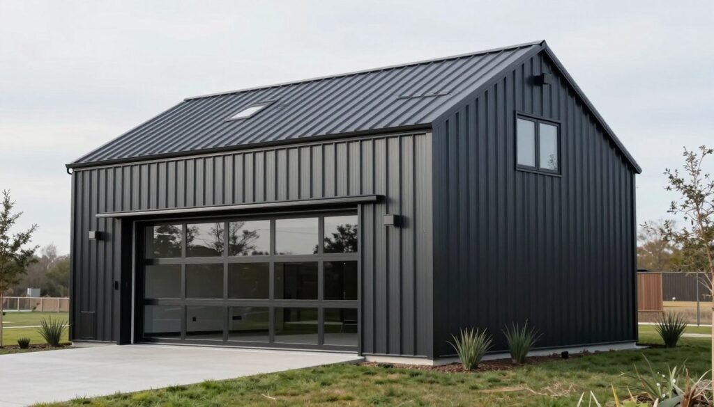 Contemporary barn style garage with metal cladding and minimalist design Contemporary barn style garage with metal cladding and minimalist design