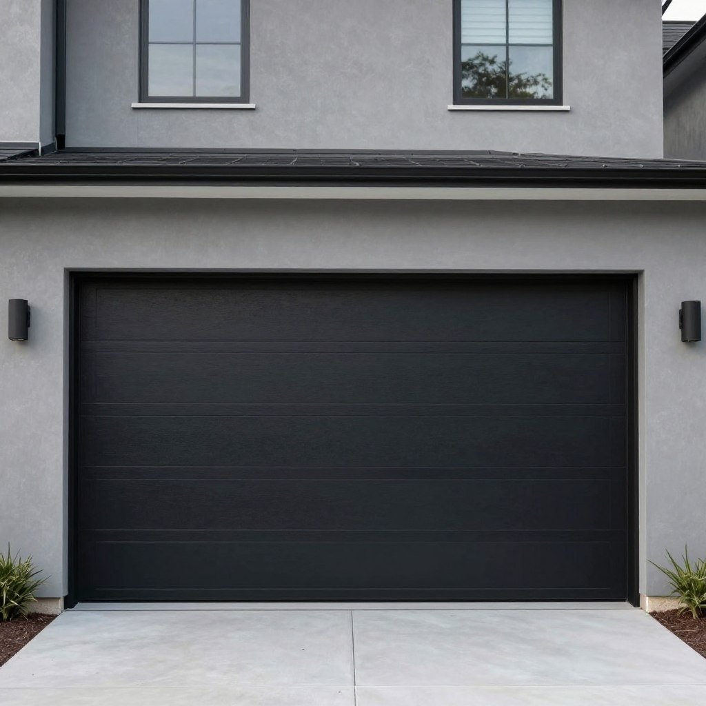 Contemporary home with black flush panel garage door and gray exterior