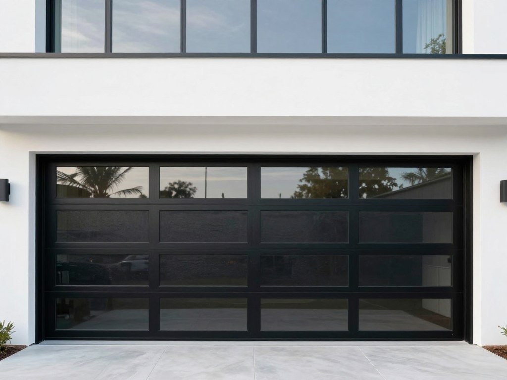 Contemporary home with full-view black aluminum and glass garage door