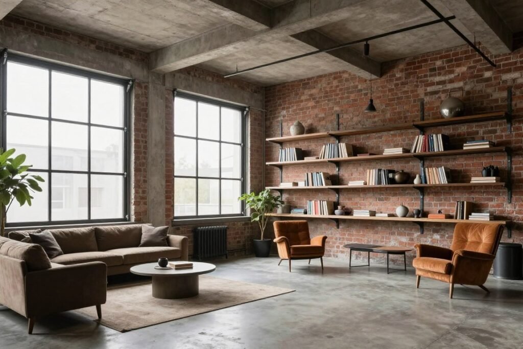 Contemporary industrial above garage apartment interior with exposed elements and metal accents