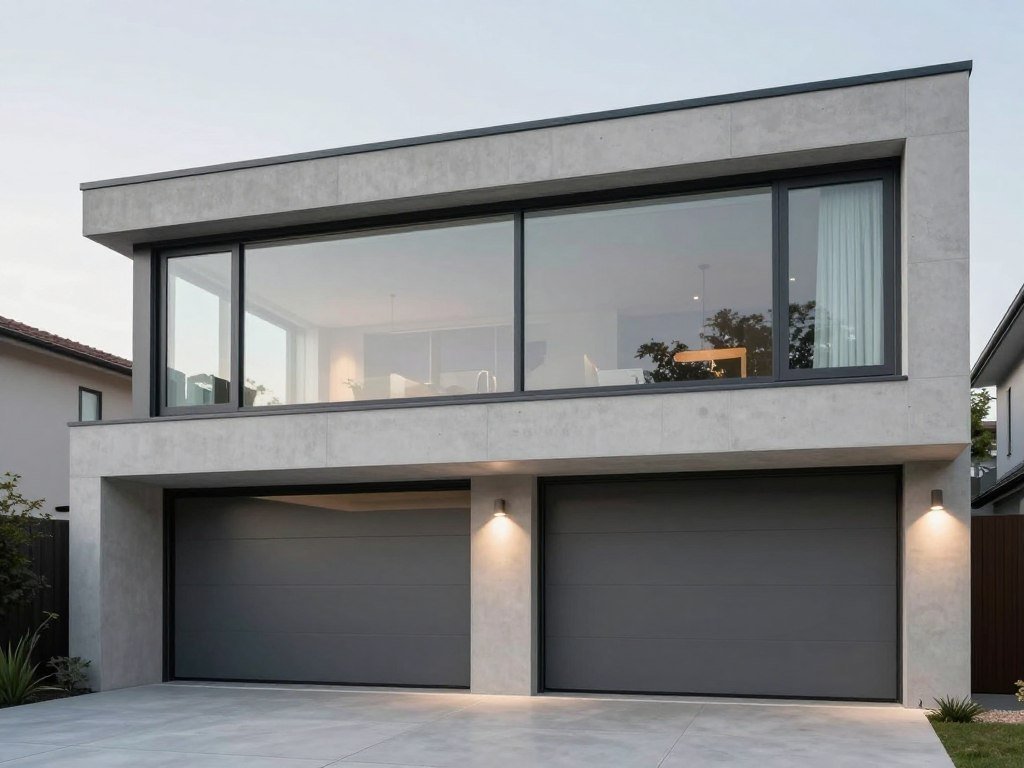 Contemporary minimalist garage apartment with large windows and clean lines