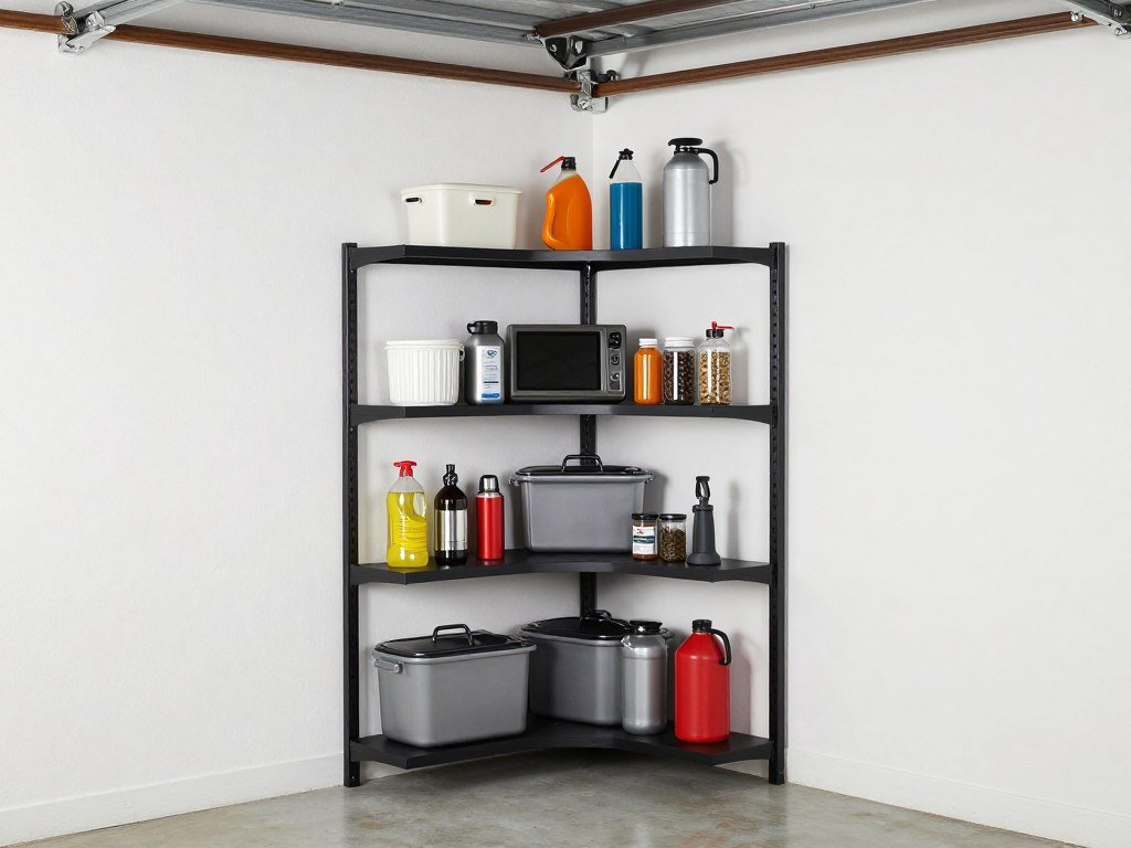 Corner shelf unit utilizing garage corner space efficiently Corner shelf unit utilizing garage corner space efficiently