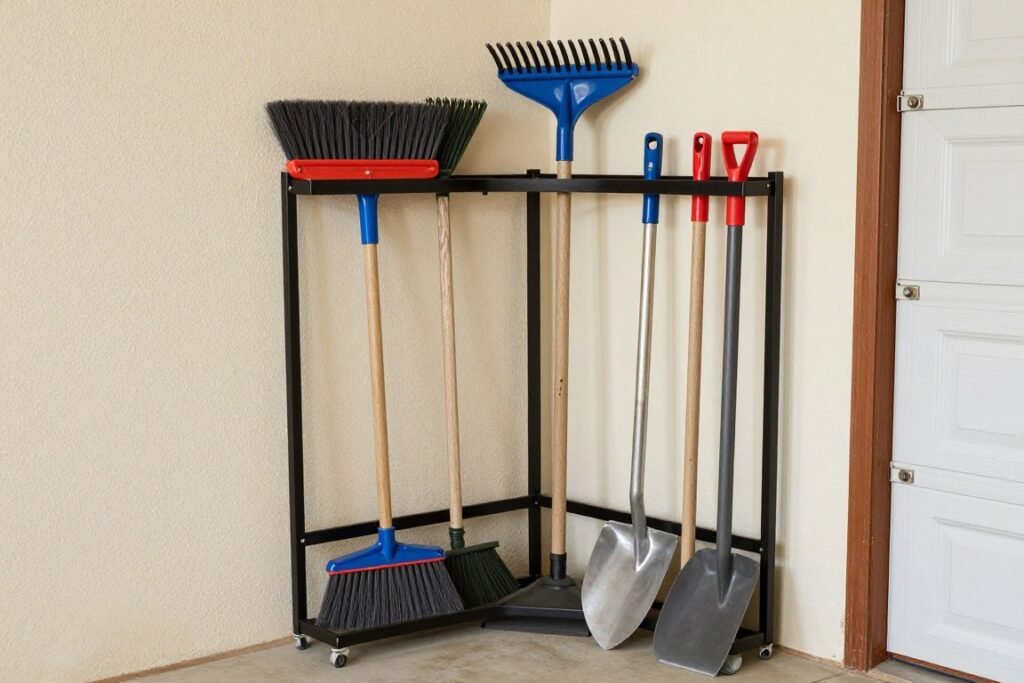Corner tool organizer holding brooms, rakes and other long-handled tools