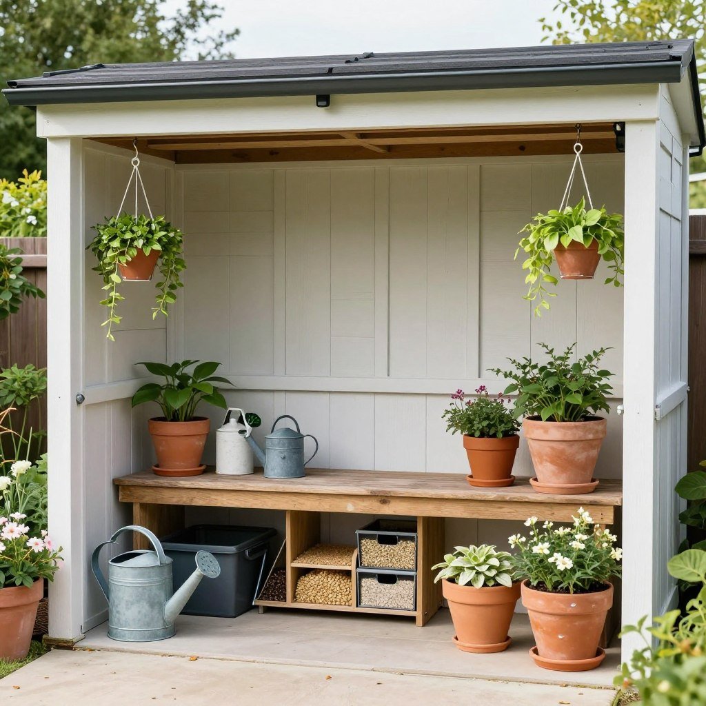 Cottage-style garden shed conversion with potting bench