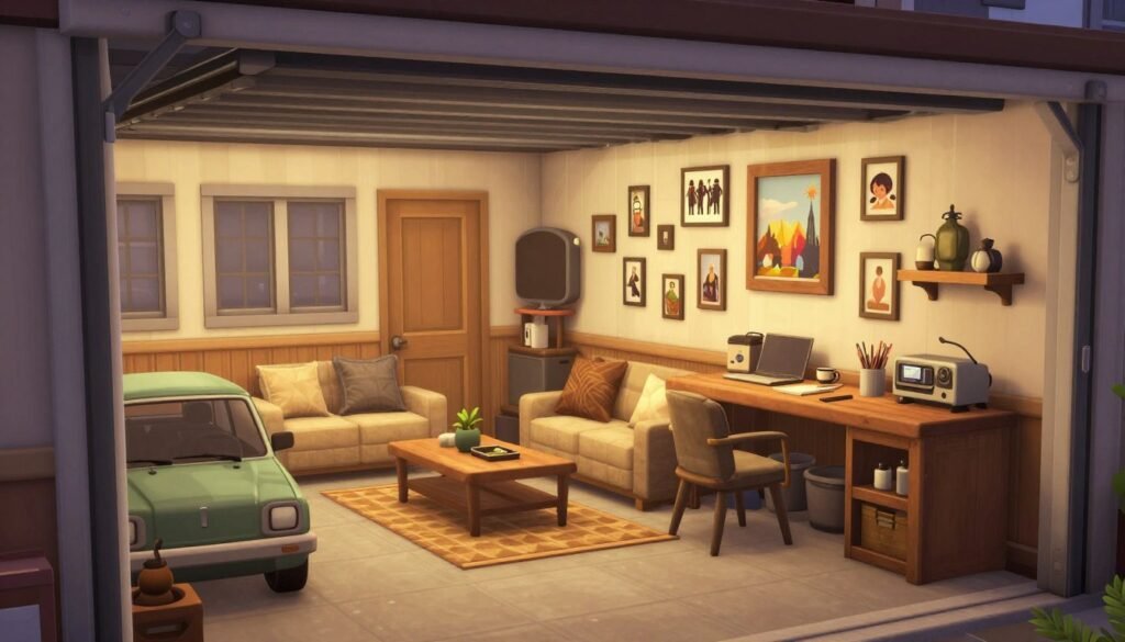 Cozy Bloxburg garage with comfortable seating, personal memorabilia, and warm lighting
