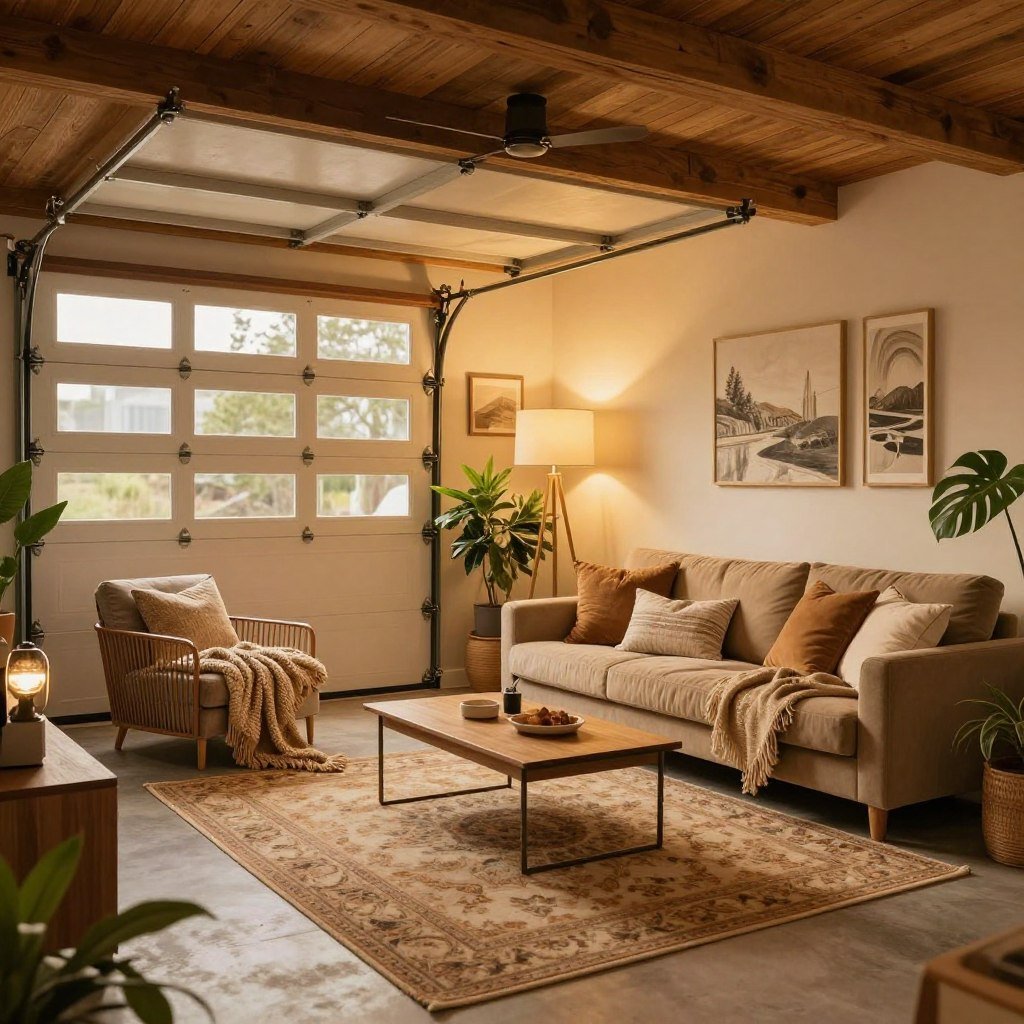 Cozy garage apartment interior with warm textures and comfortable furnishings