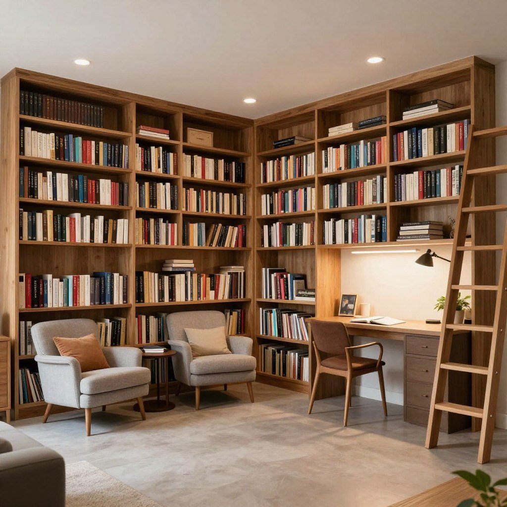 Cozy garage conversion library with built-in bookshelves and reading nooks Cozy garage conversion library with built-in bookshelves and reading nooks