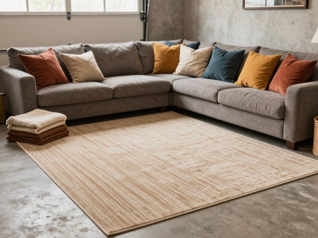 Cozy garage lounge area with rugs, throw pillows, and blankets adding warmth and texture