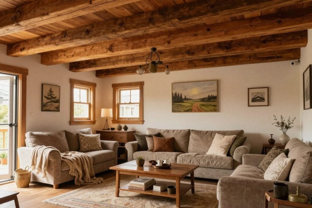 Cozy rustic above garage apartment interior with wooden elements and warm colors