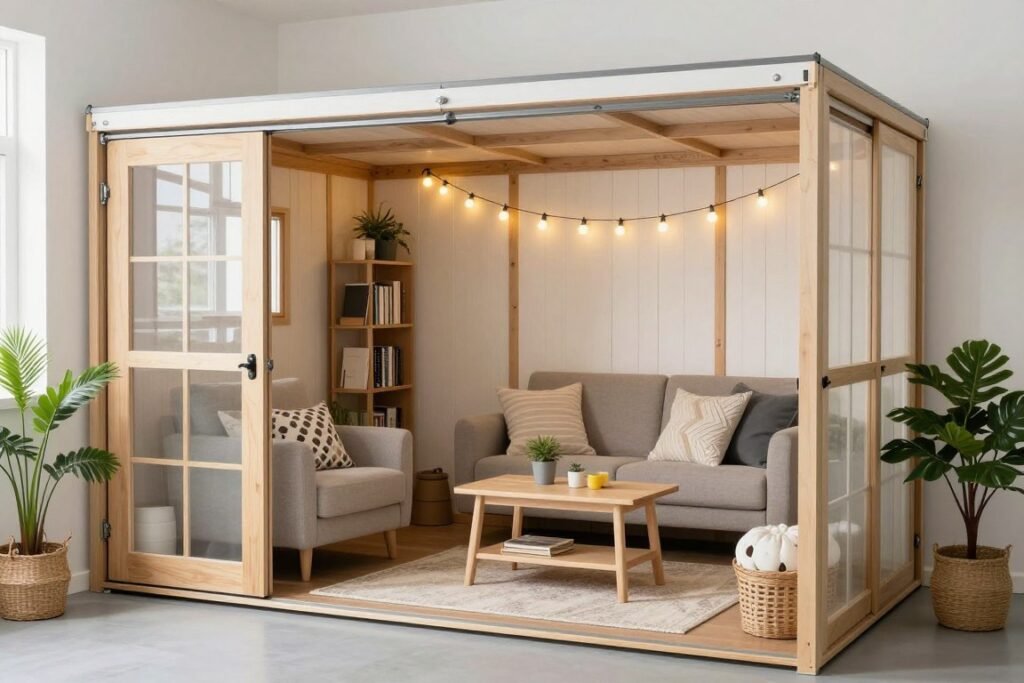 Cozy she shed conversion with comfortable seating and decor