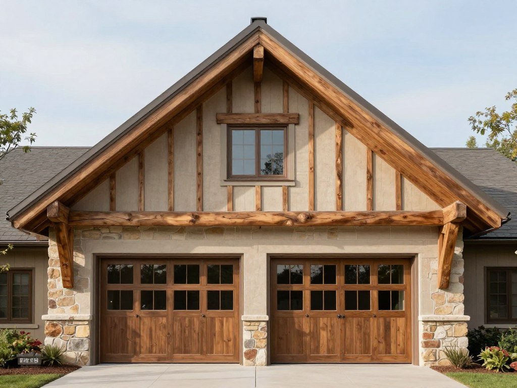 Craftsman style garage with living quarters showing characteristic overhanging eaves and exposed rafters