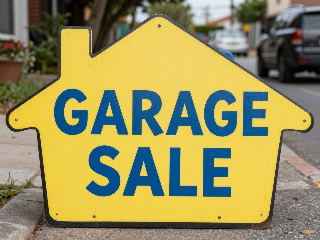 Creative garage sale sign with unique shape and bright colors
