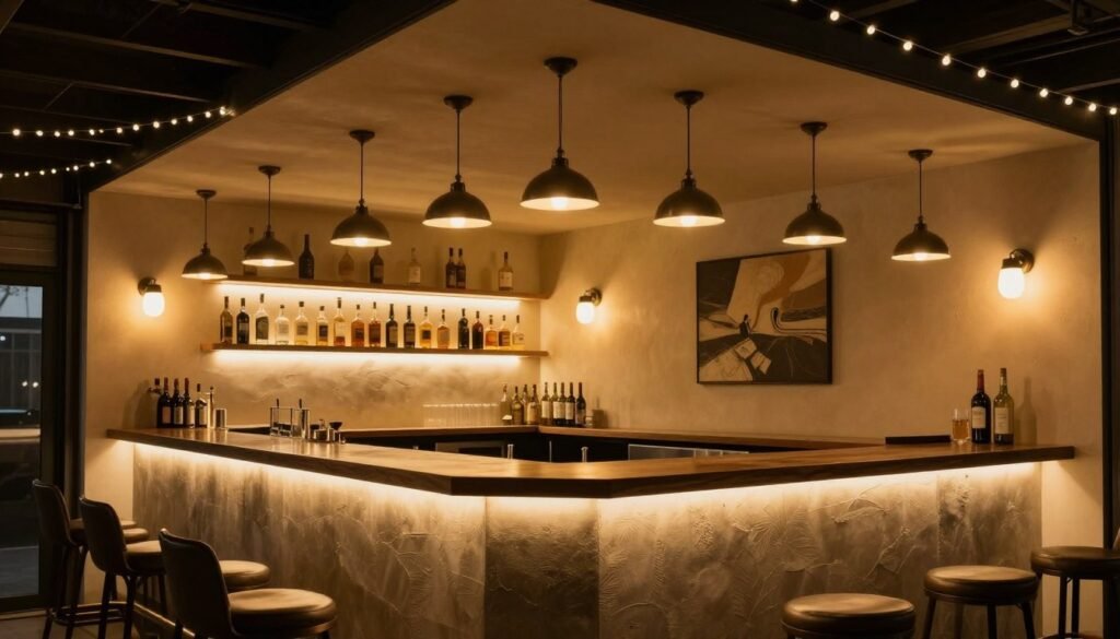 Creative lighting solutions for a garage bar including pendant lights and LED strips