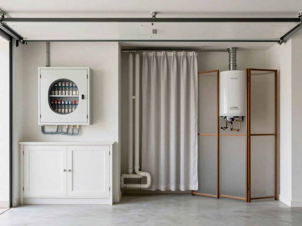 Creative solutions for hiding utility boxes and plumbing in garage laundry area