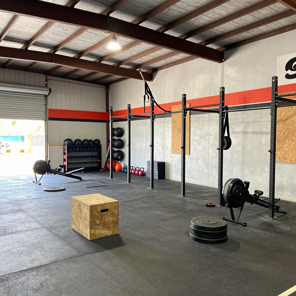 CrossFit-style garage gym with functional training equipment