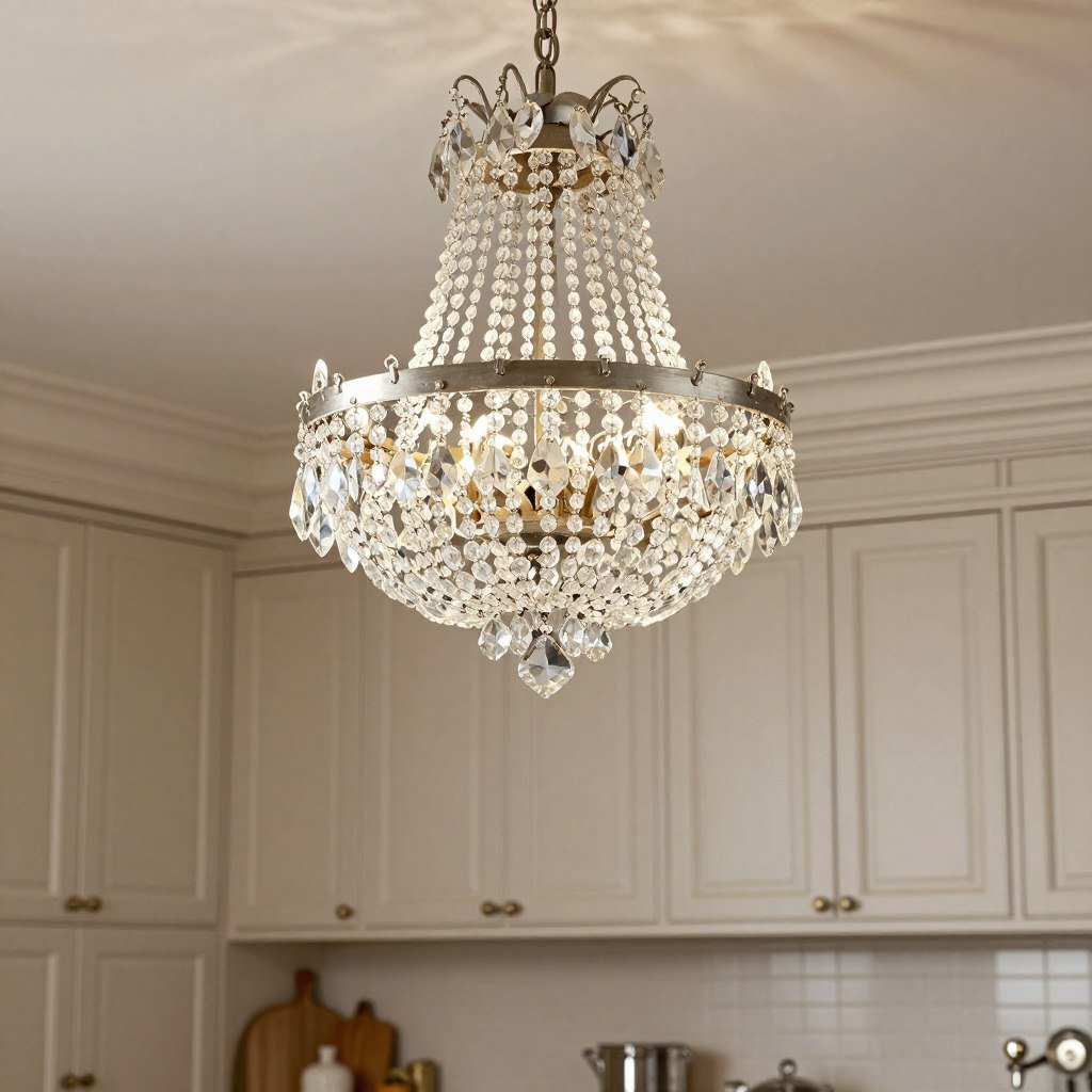 Crystal chandelier adding elegance to traditional kitchen