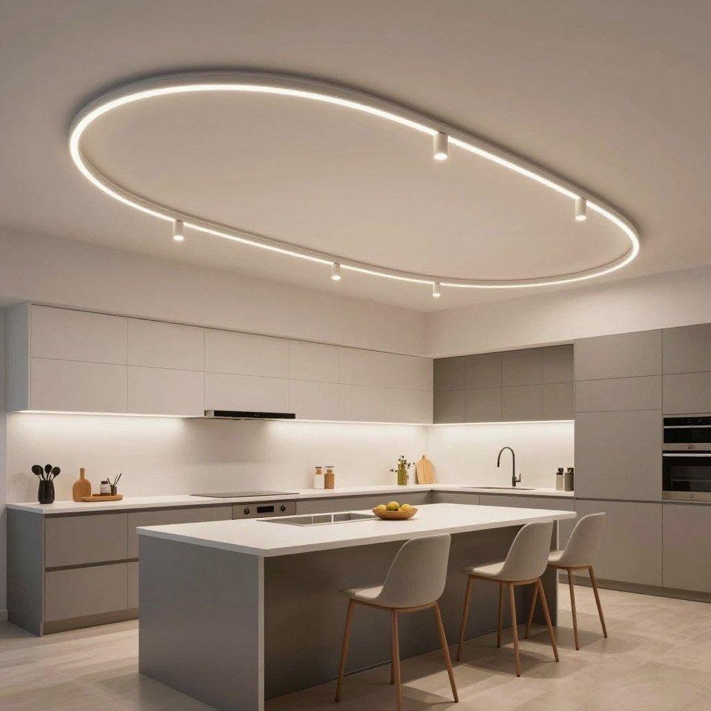 Curved monorail lighting system following kitchen island shape