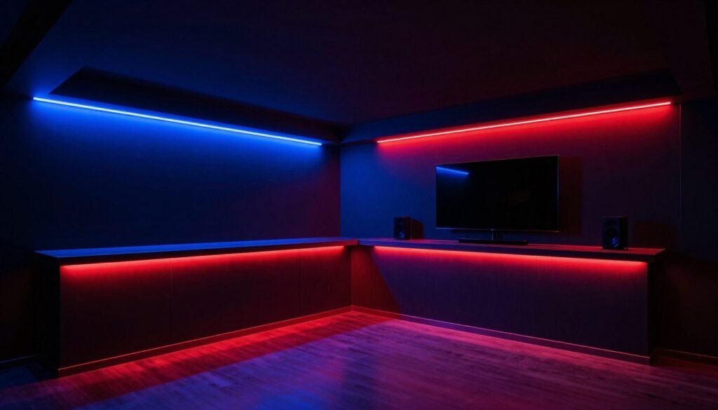 Custom LED lighting installation in a man cave garage creating ambient atmosphere
