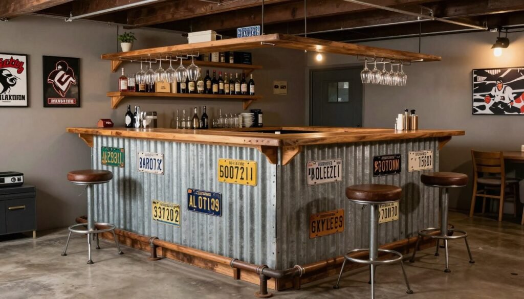 Custom bar built from repurposed materials in a man cave garage