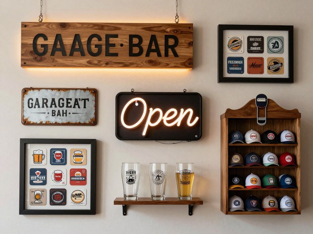Custom bar signage and personalized decor elements in a garage bar