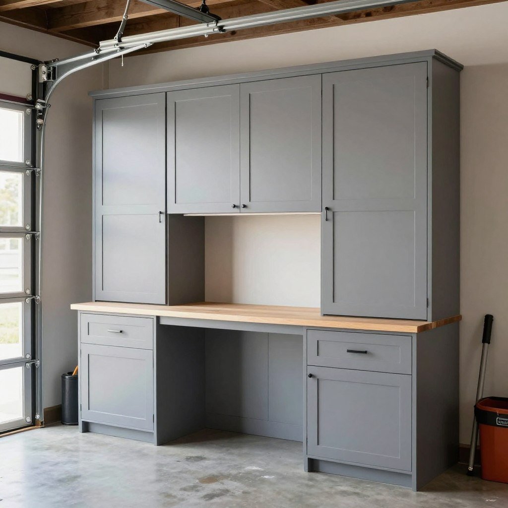 Custom garage cabinetry with sleek design and integrated workbench, perfect garage inspo for tool storage