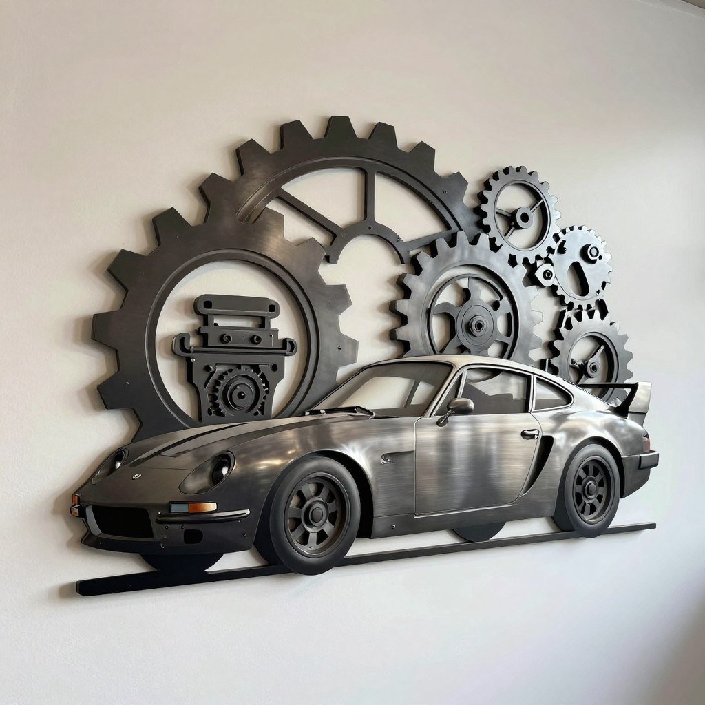 Custom metal artwork featuring automotive silhouettes and mechanical elements Custom metal artwork featuring automotive silhouettes and mechanical elements