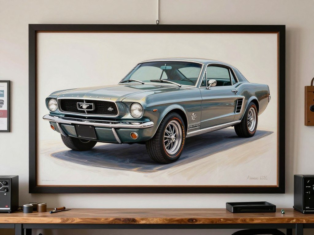 Custom painted portrait of owner's classic car displayed prominently in garage Custom painted portrait of owner's classic car displayed prominently in garage