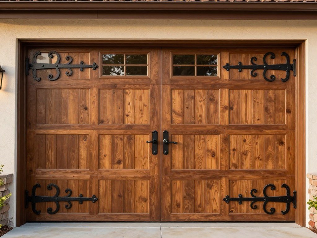 Custom wood garage door with decorative hardware