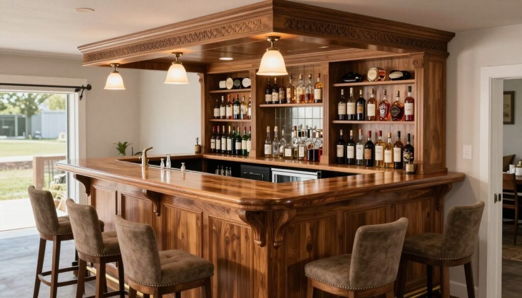Custom wooden bar counter in a garage bar with shelving and seating