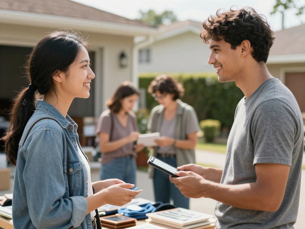 Customer and seller negotiating price at garage sale