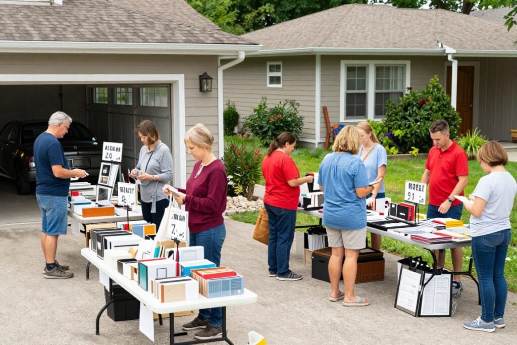 Customers browsing through items at a well-organized garage sale with clear pricing