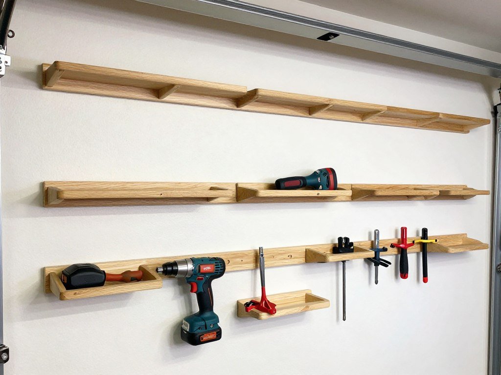 DIY French cleat tool organization system with various custom holders for different tools mounted on garage wall