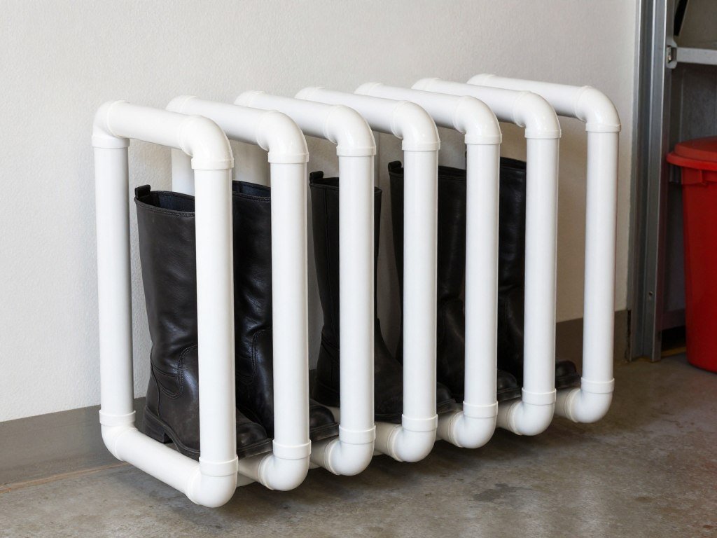 DIY PVC pipe boot organizer in garage with boots stored upright in individual tubes
