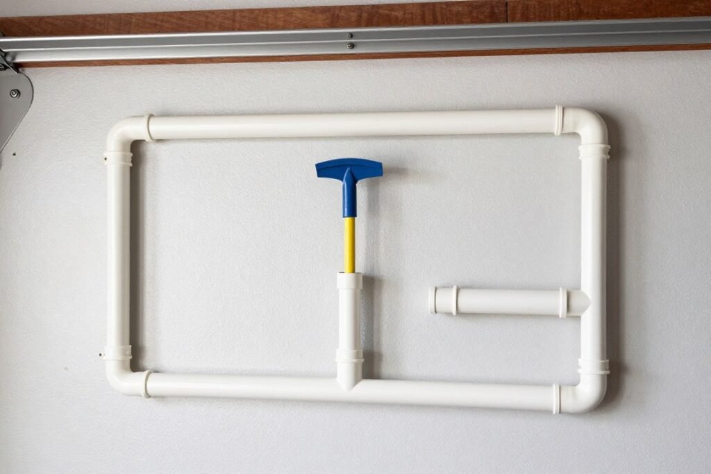 DIY PVC pipe organizer mounted on wall holding garden tools