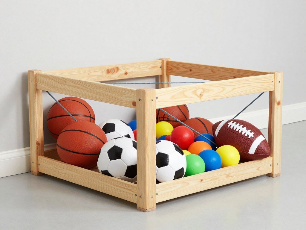 DIY ball corral in garage with bungee cords across front containing various sports balls