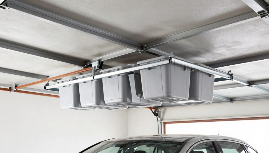DIY ceiling-mounted garage storage rack with plastic bins stored above, leaving car parking space below
