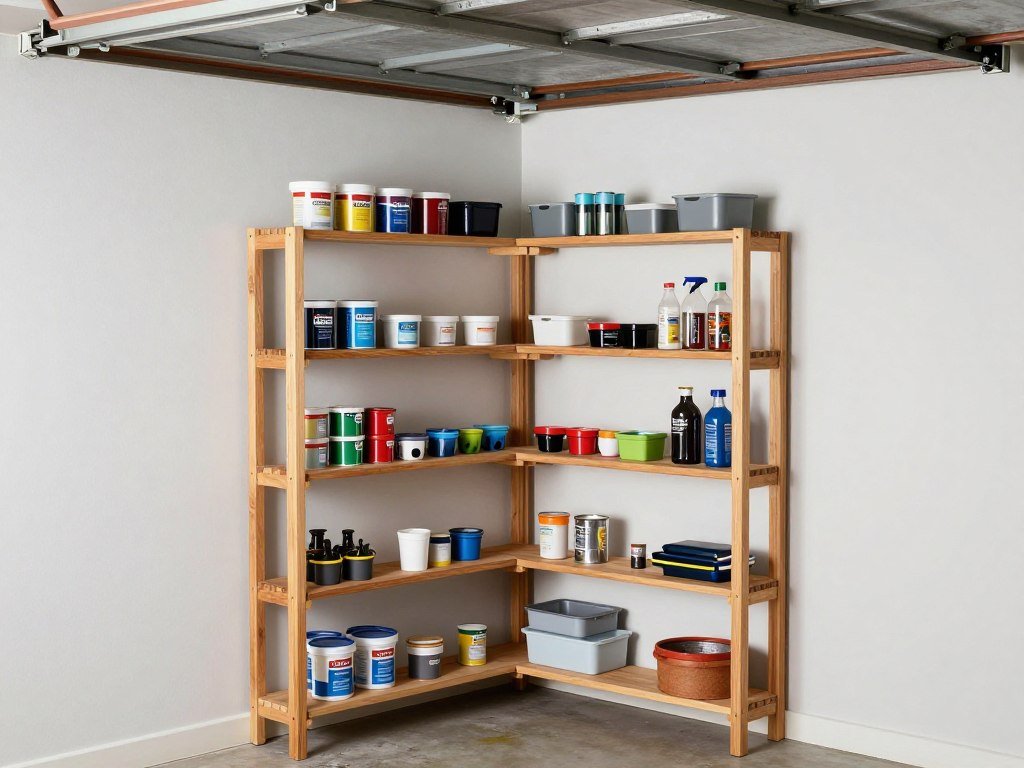 DIY corner shelving unit in garage utilizing previously wasted corner space for small item storage