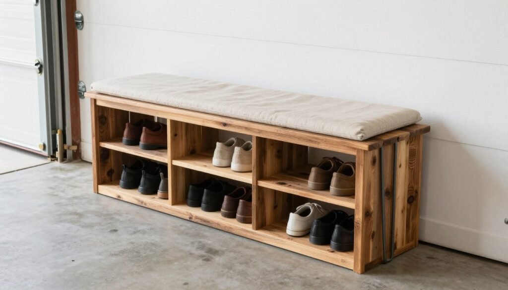 DIY garage entryway bench with shoe storage built from reclaimed wood
