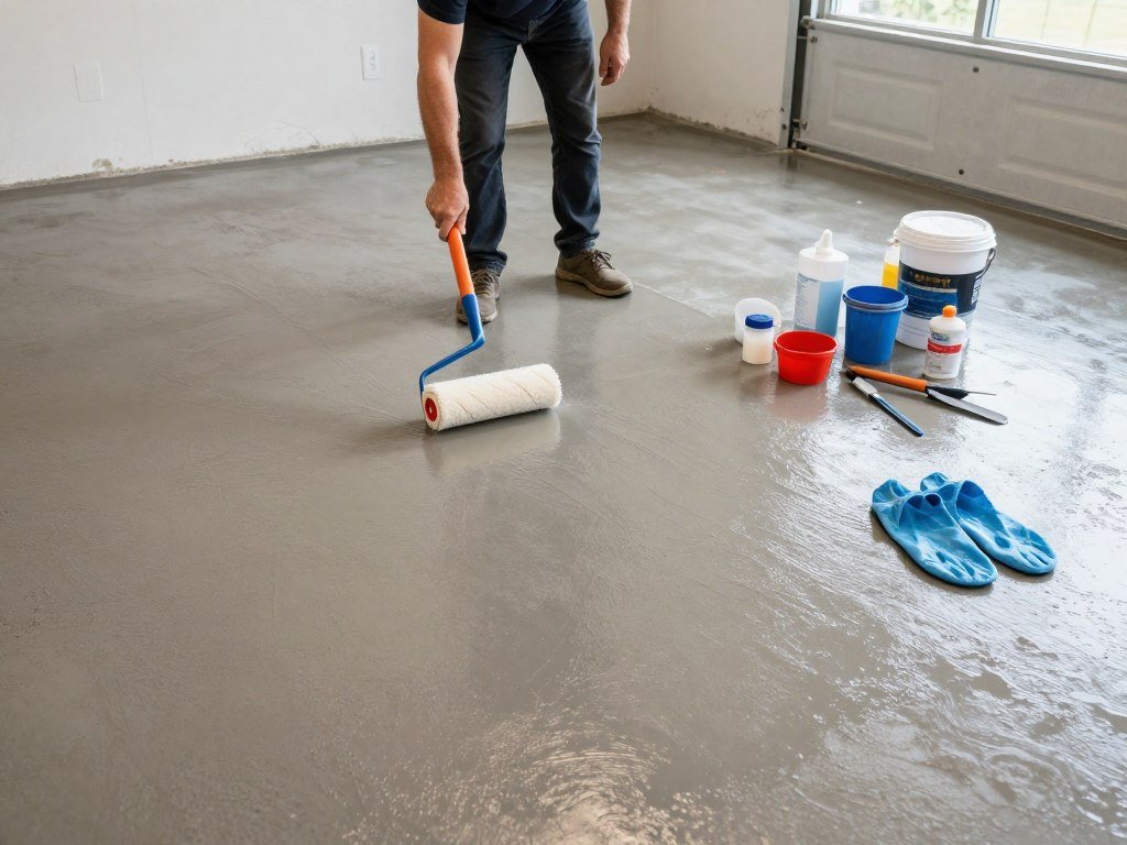 DIY garage floor epoxy application in progress